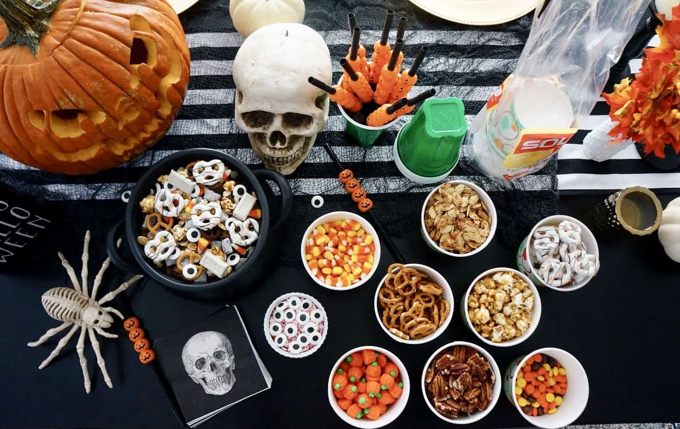 trail mix ingredients on Halloween table 
