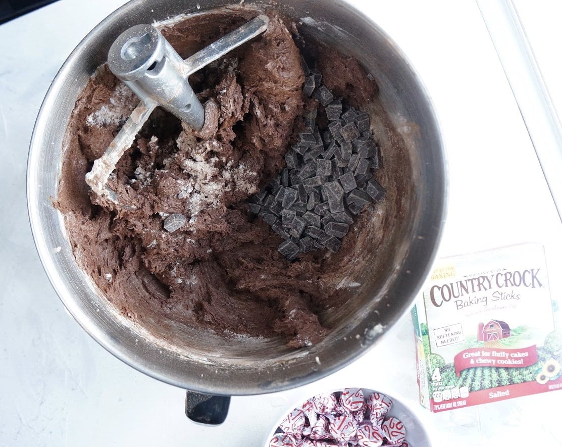 Double Chocolate Peppermint Kiss Cookie dough in mixing bowl
