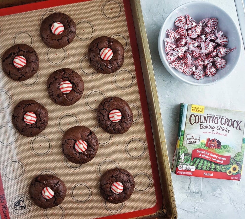 Double Chocolate Peppermint Kiss Cookies on baking sheet