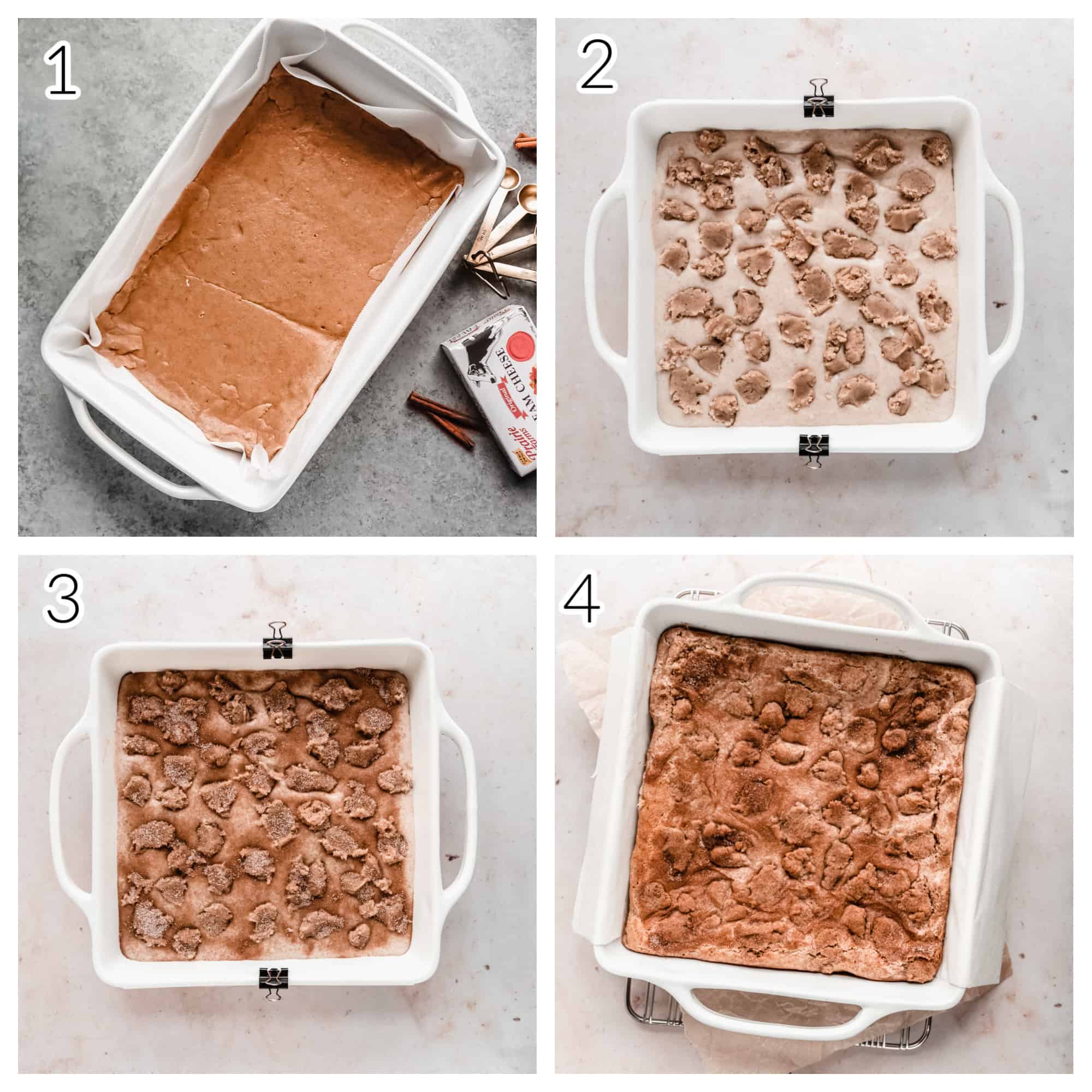 Step by step instructions on how to make snickerdoodle cheesecake bars