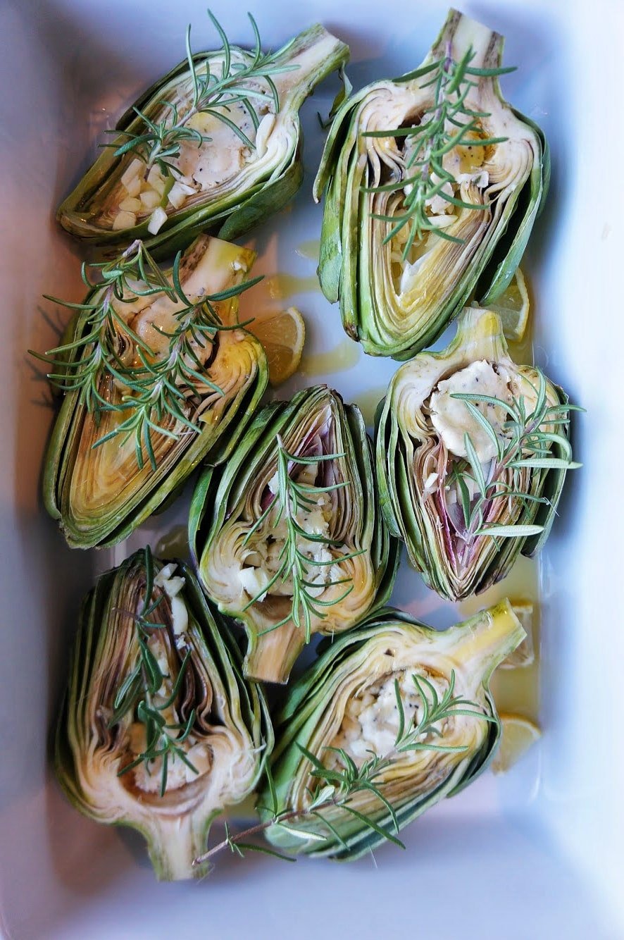 sliced artichokes cavity stuffed with herbs