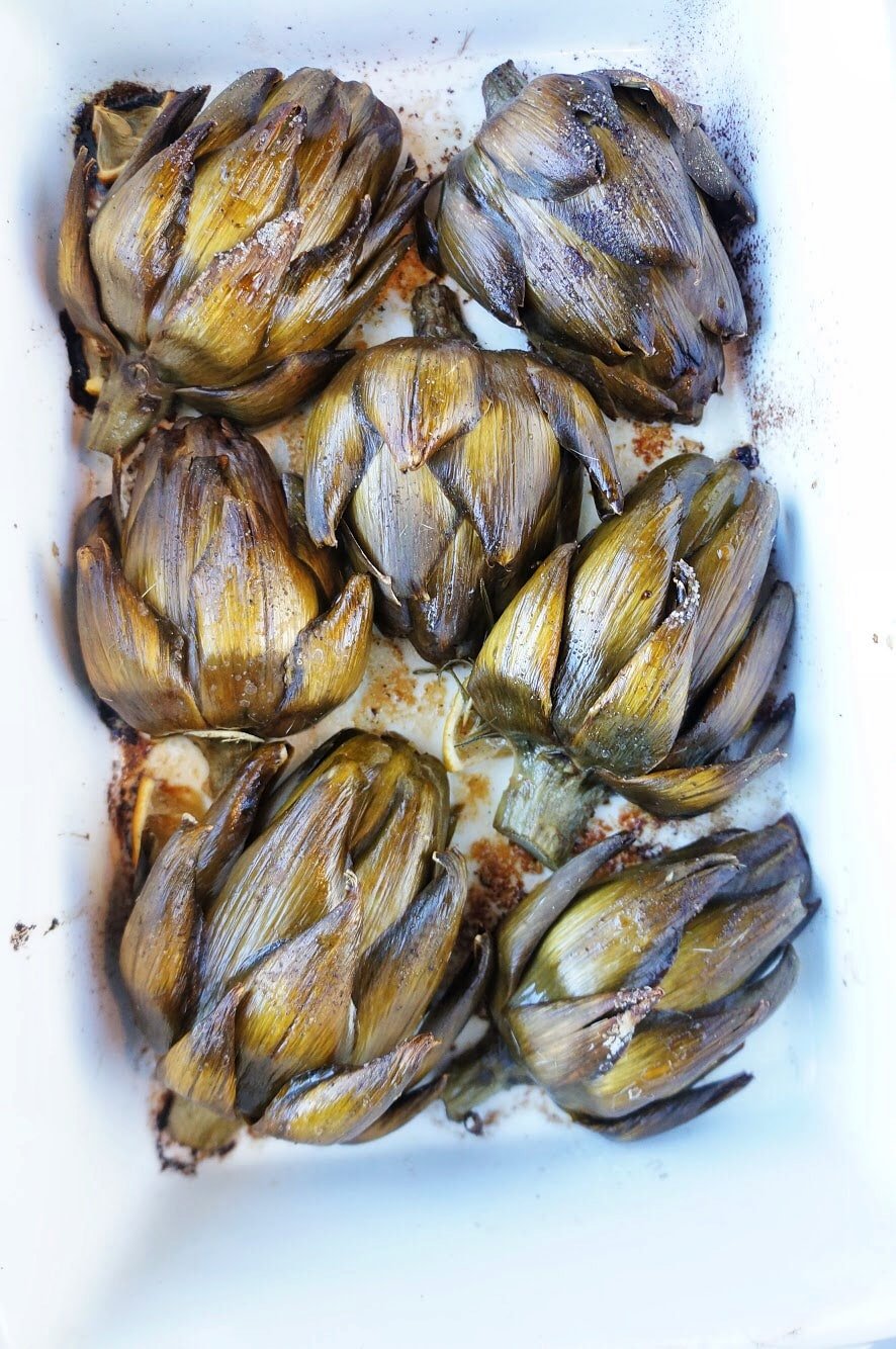 artichokes roasted in baking dish