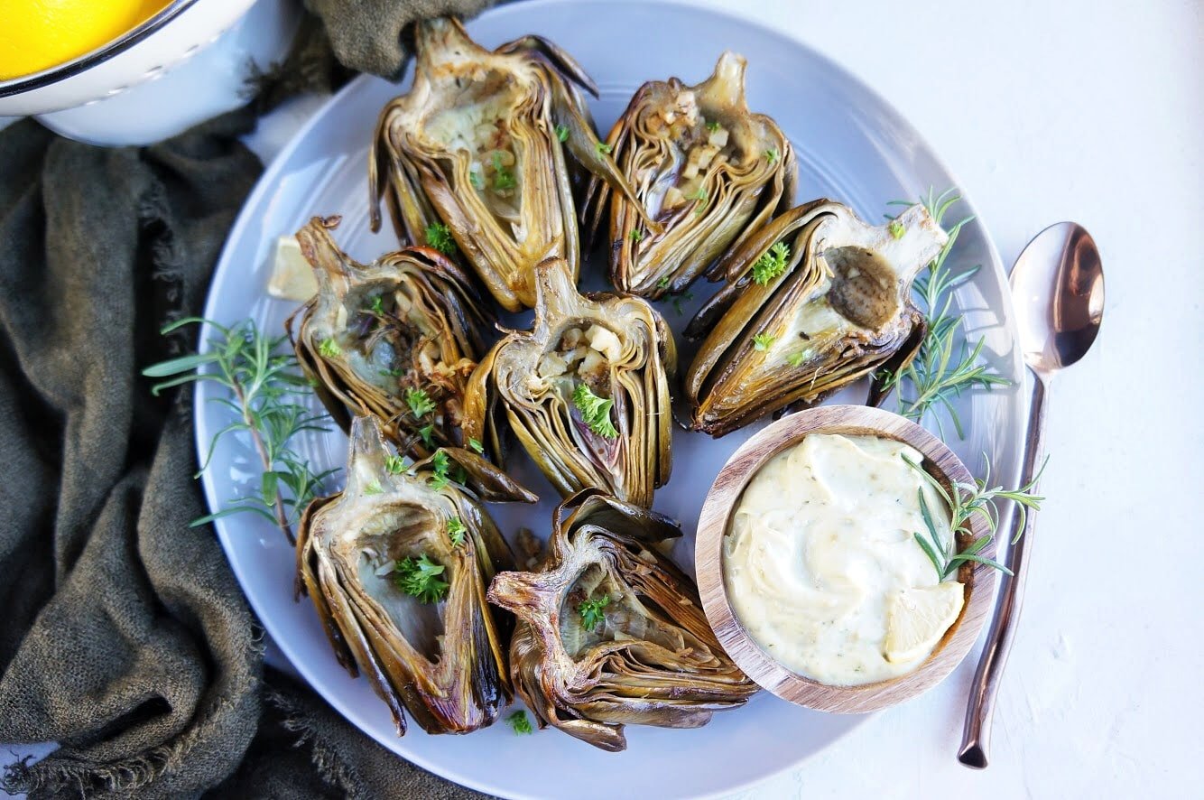 finished artichokes on serving platter