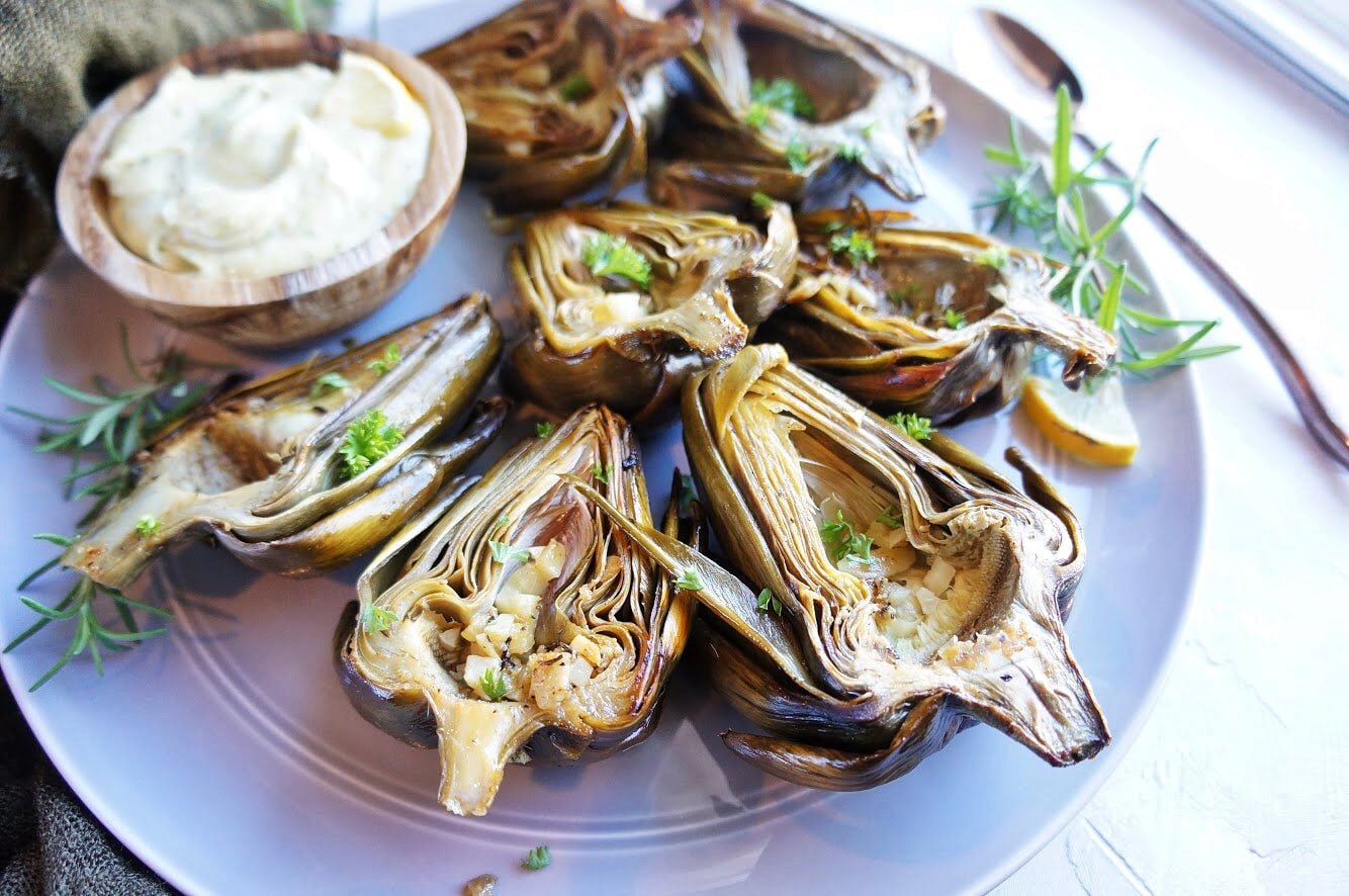 finished artichokes on serving platter