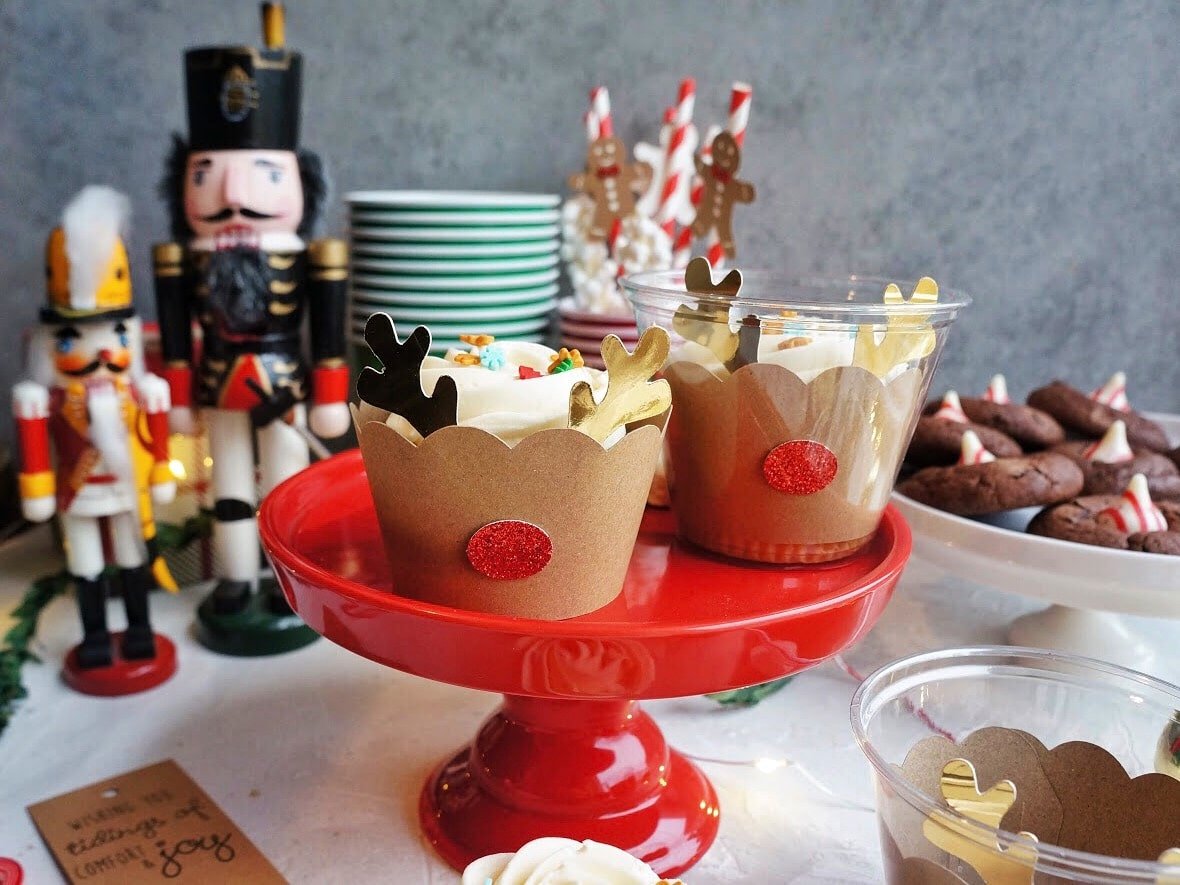 Reindeer holiday cupcakes on cake stand