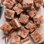 Snickerdoodle cheesecake bars sliced into squares