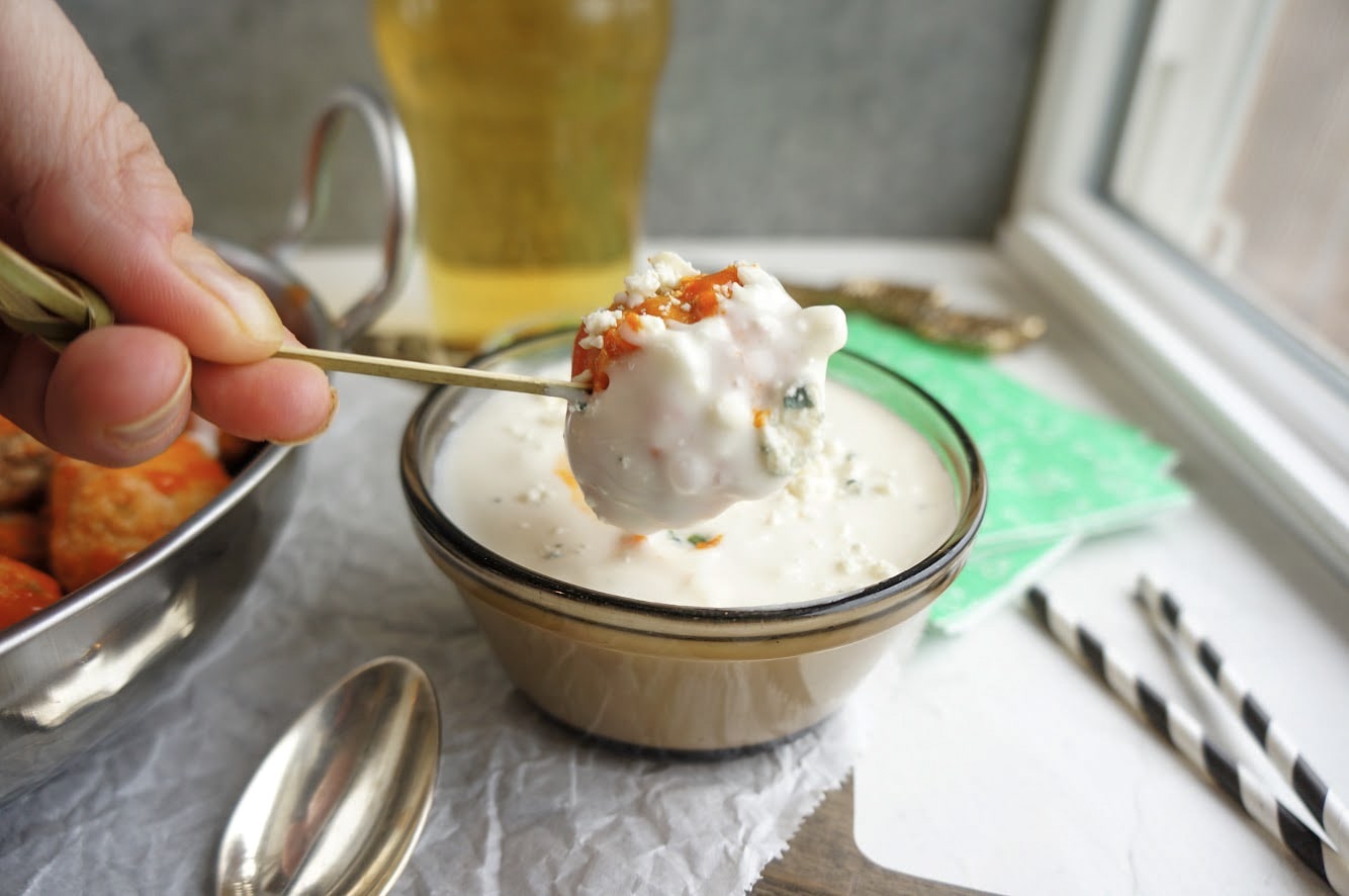 buffalo chicken meatballs dipped in blue cheese dressing