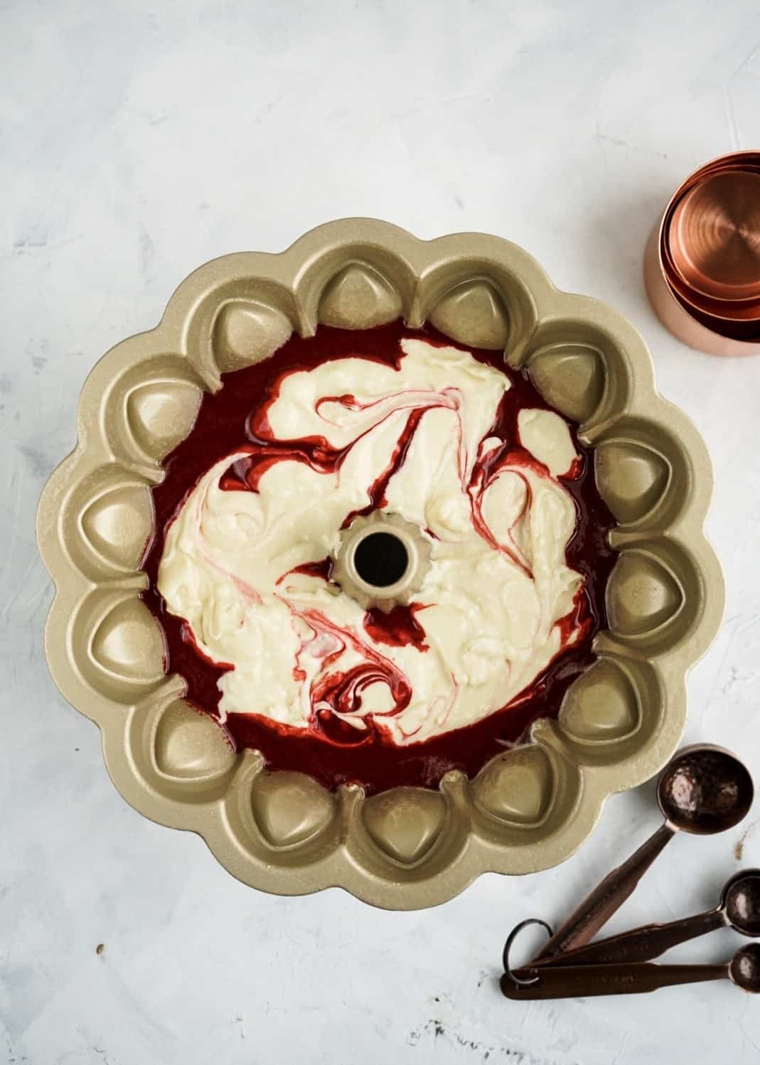 red velvet cream cheese bundt cake in bundt pan