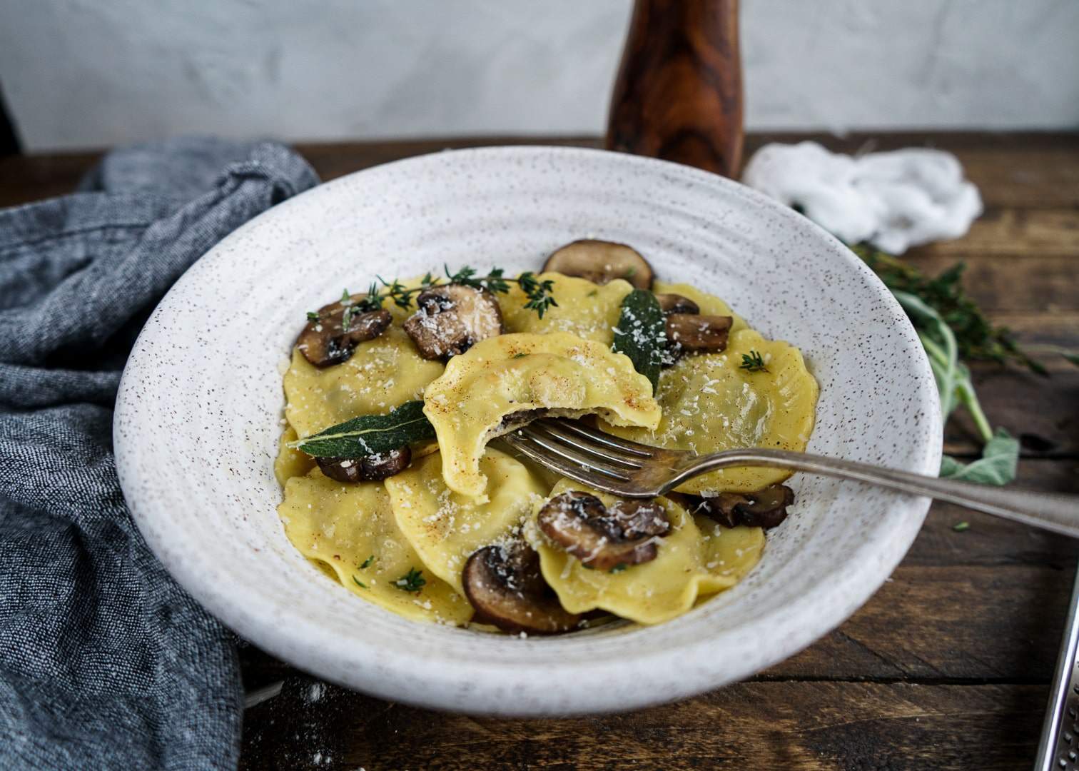 Mushroom Ravioli with Brown Butter Sauce in plate