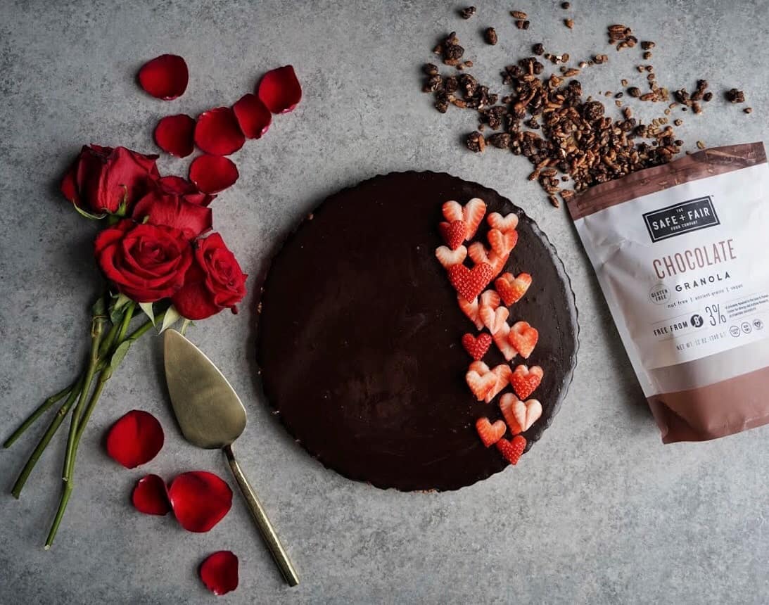 gluten free and vegan double chocolate tart with roses and granola