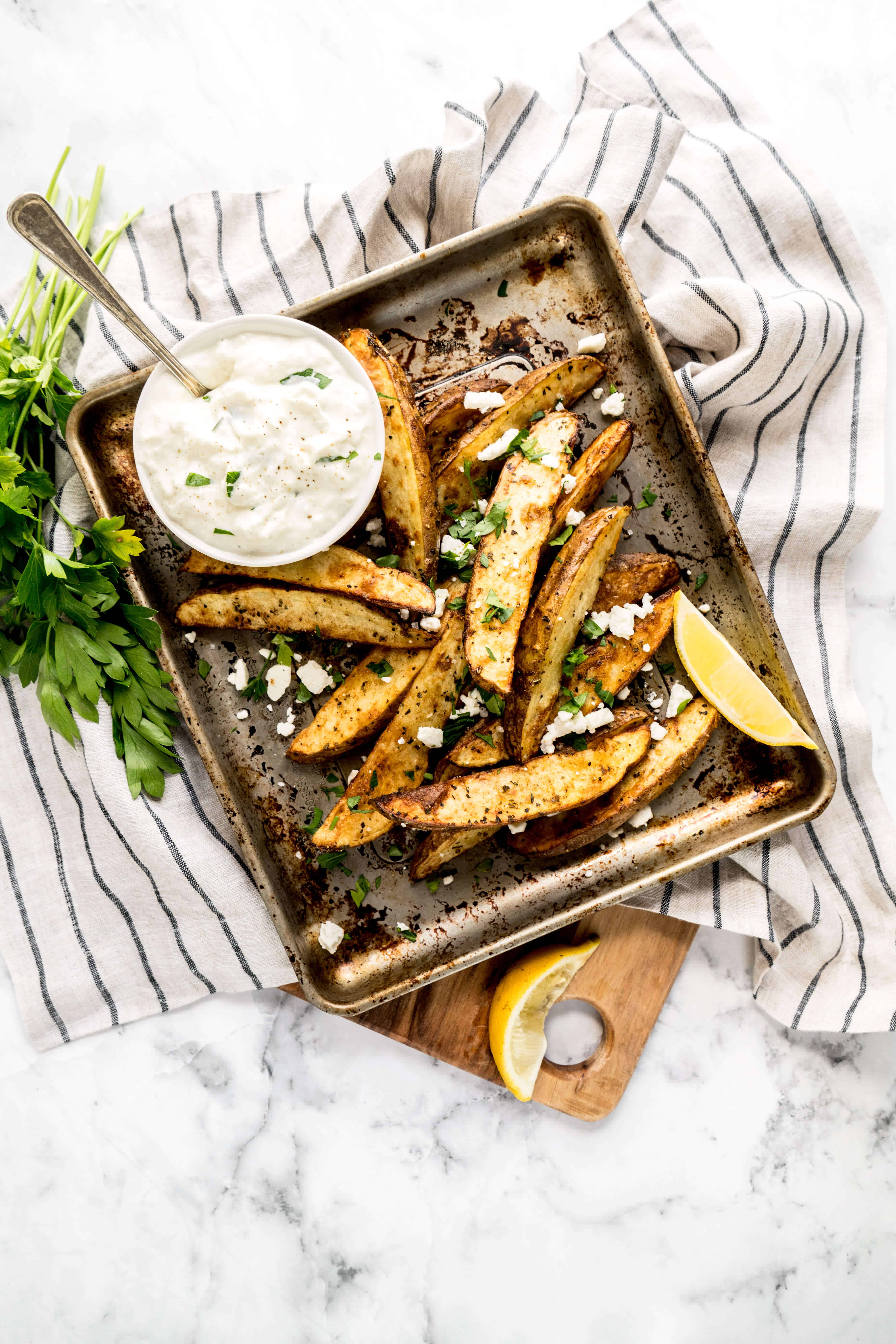 air fryer greek french fries on serving platter