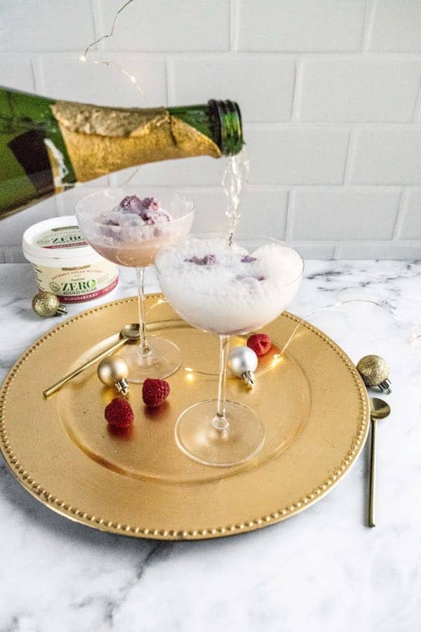 pouring champagne in glass with ice cream