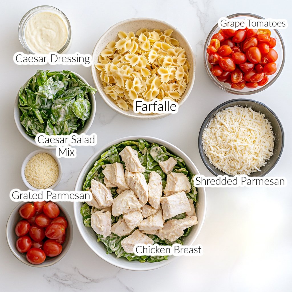 Ingredients for chicken caesar pasta salad in individual bowls on a white marble background 
