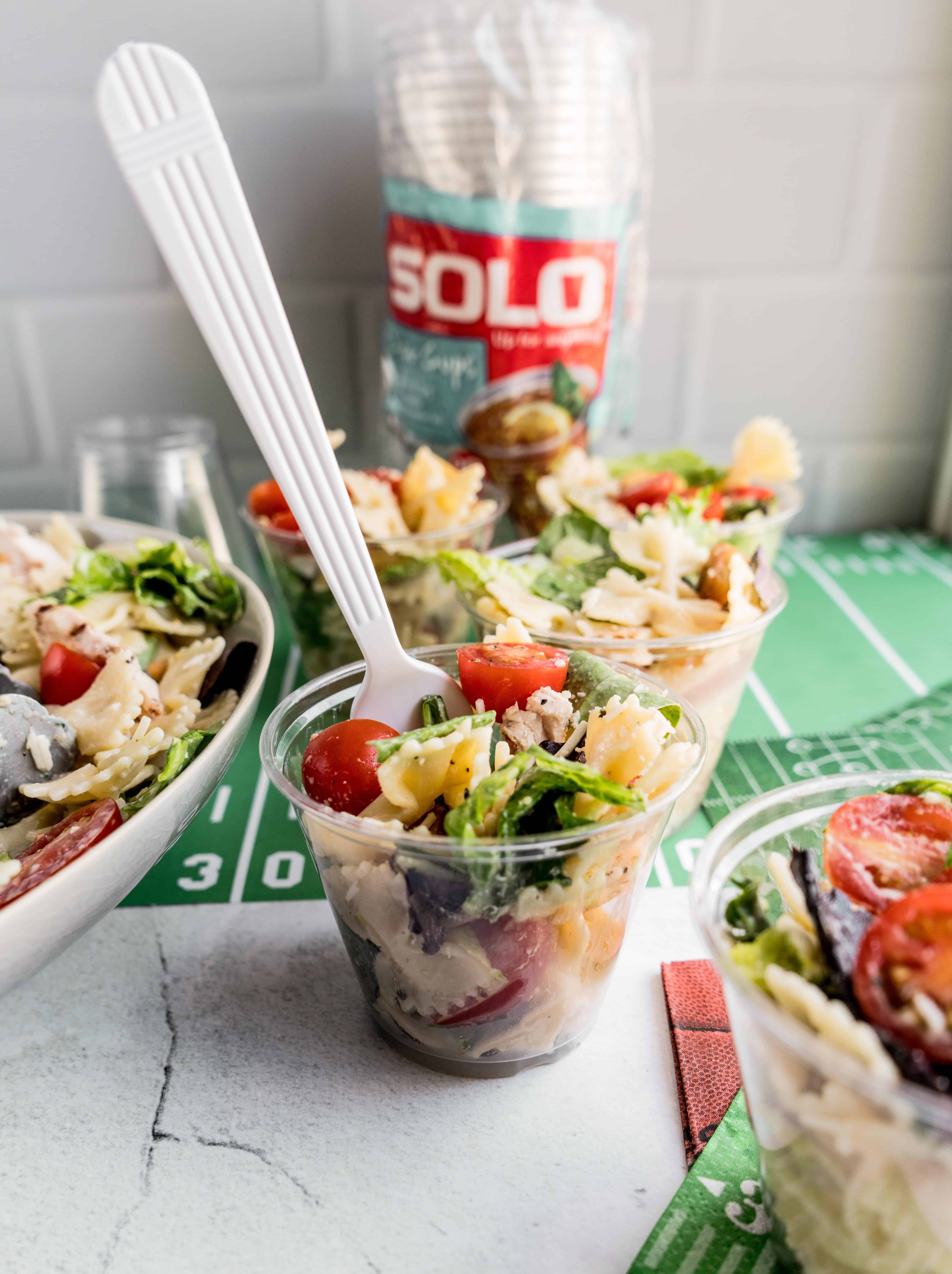 Chicken Caesar Pasta salad in individual solo cups