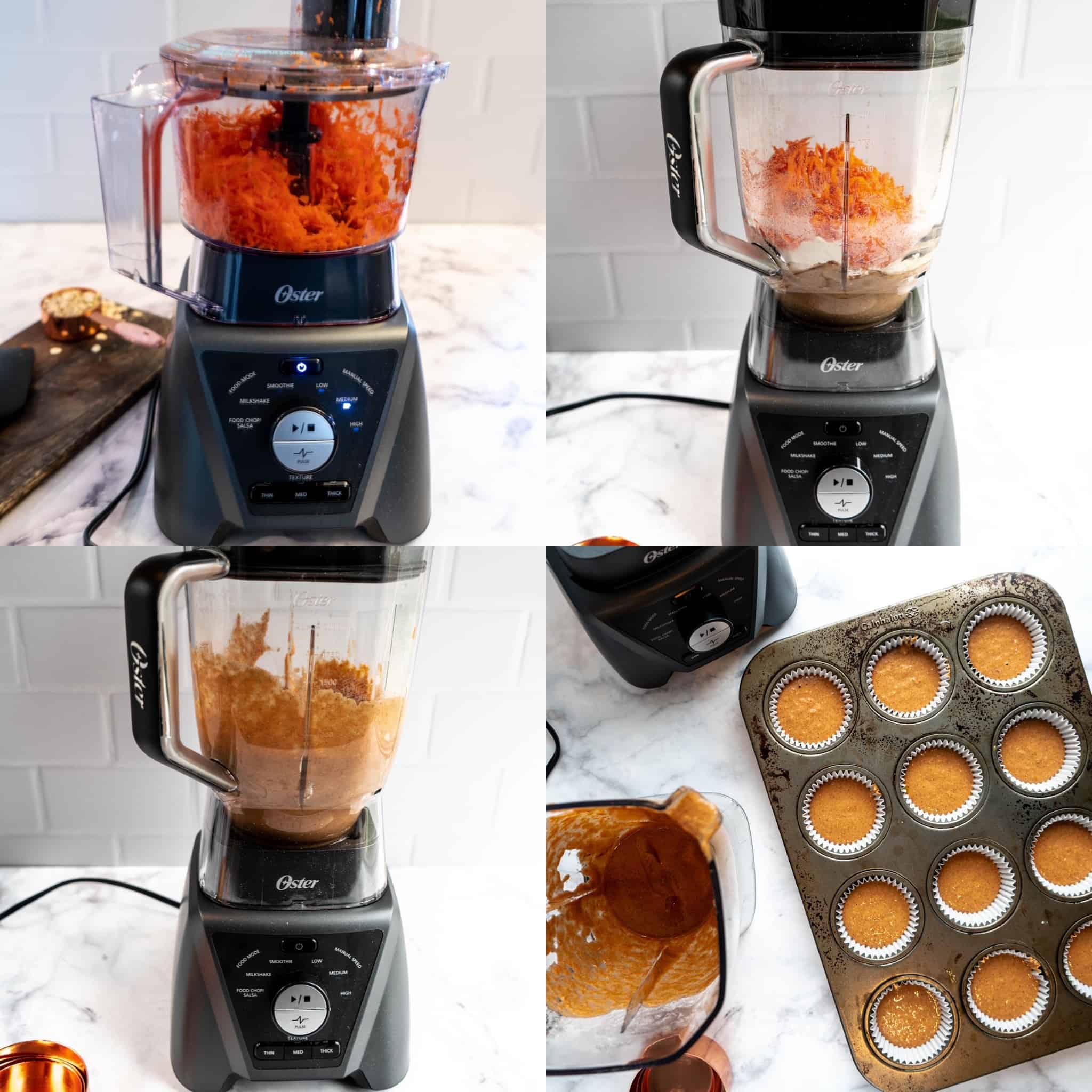 process shots for healthy carrot blender muffins