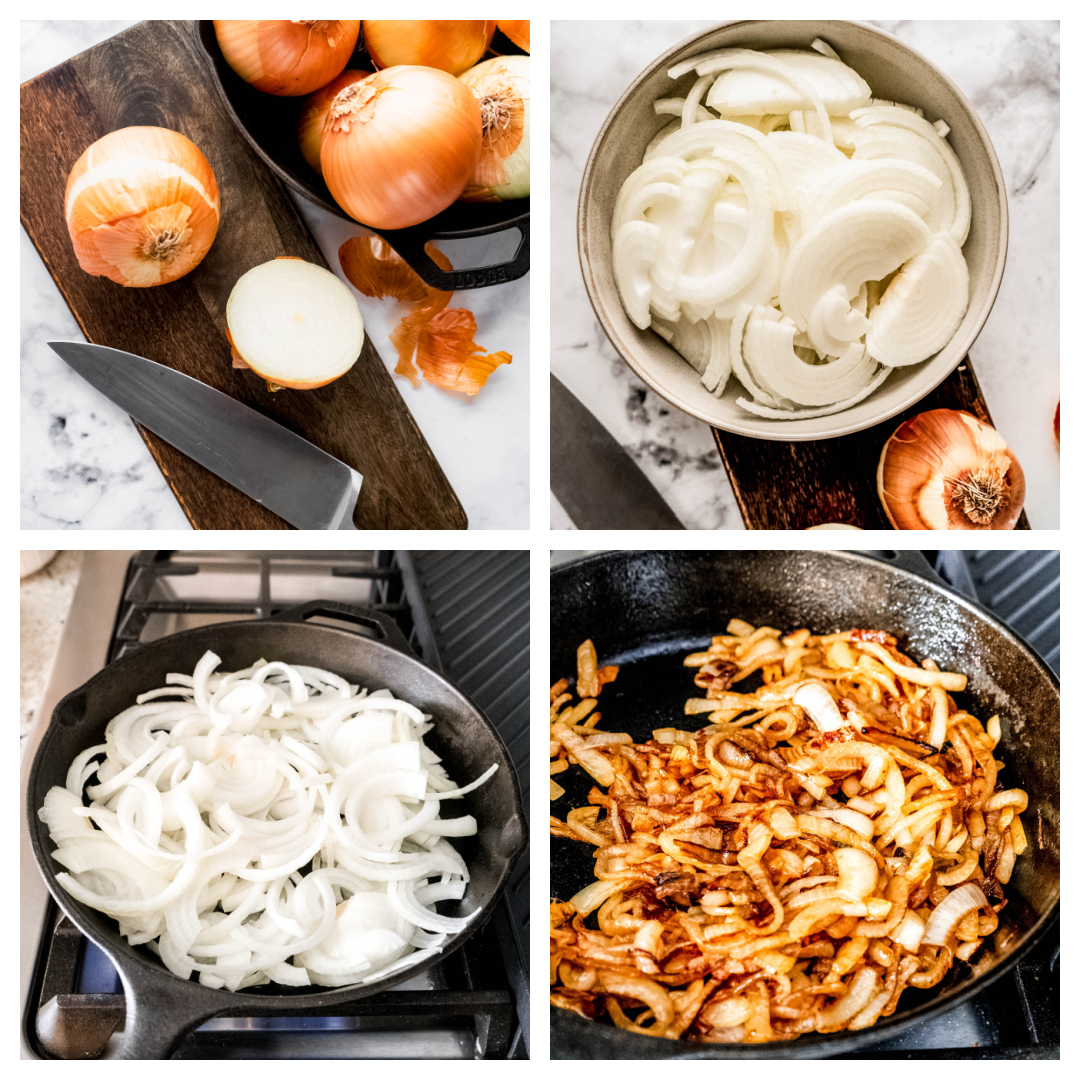 Four-step collage showing the process of preparing caramelized onions for Baked Brie with Caramelized Onions: top left, whole onions on a cutting board beside a chef’s knife; top right, a bowl filled with freshly sliced onions; bottom left, raw sliced onions cooking in a cast-iron skillet over a stovetop flame; bottom right, the onions transformed into golden, deeply caramelized strands ready to spoon over baked brie.