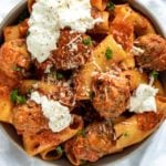 rigatoni and vodka sauce with spicy meatballs