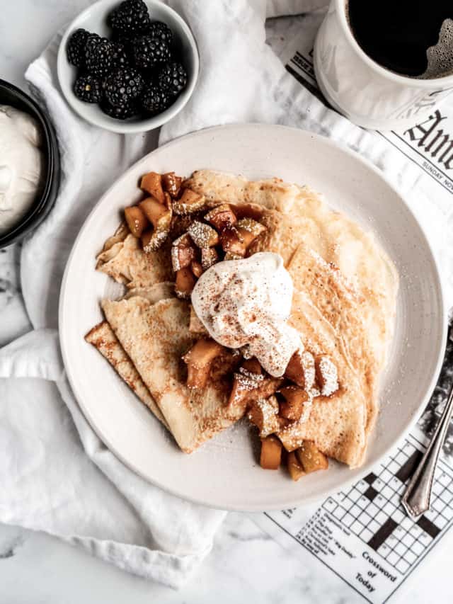 French-Style crepes topped with chopped apples, cinnamon and brown sugar for an easy, sweet-crepe filling.
