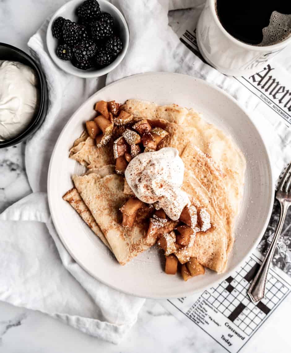 French-Style crepes topped with chopped apples, cinnamon and brown sugar for an easy, sweet-crepe filling.