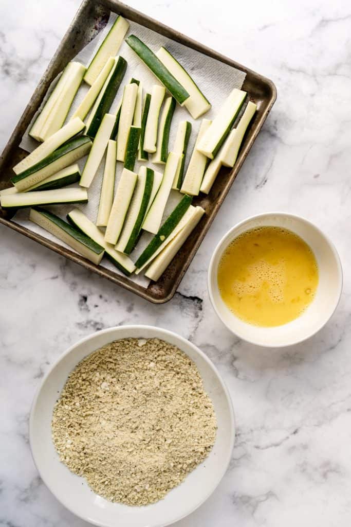 zucchini fry ingredients in bowls