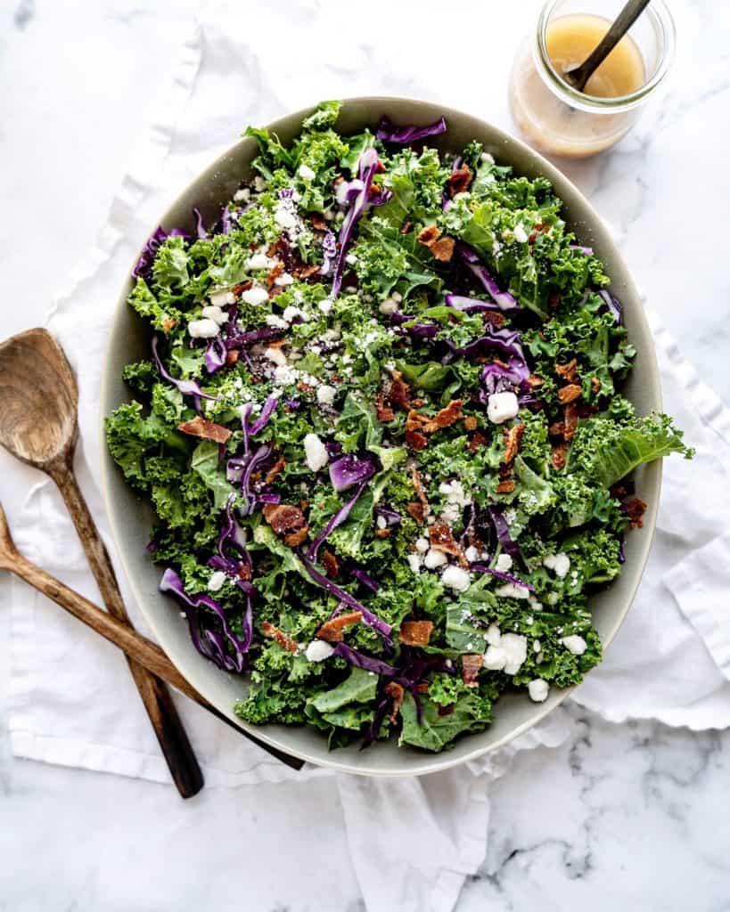 kale in a salad bowl with blue cheese