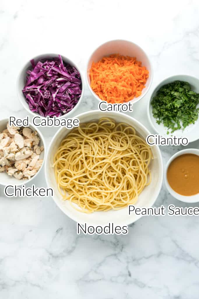 ingredients in bowls for spicy peanut noodles