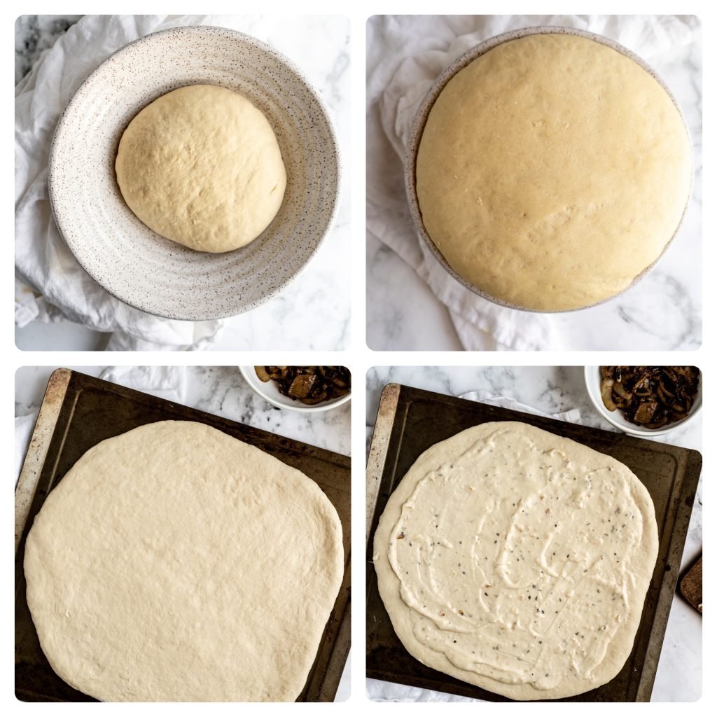 step by step process of pizza dough proofing and being rolled out