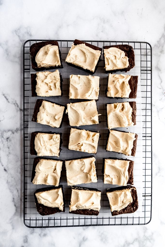 whiskey brownies sliced on cooling rack