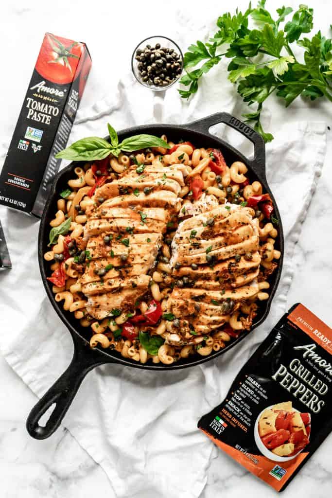 creamy roman chicken pasta cooked in skillet