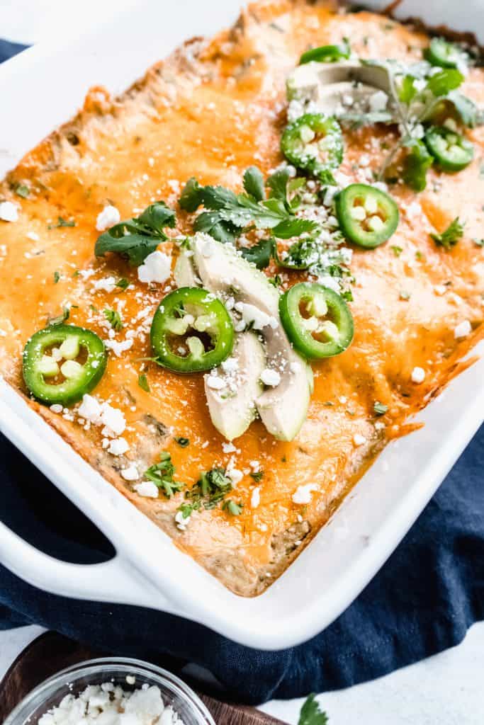 healthier chicken enchiladas in baking dish 