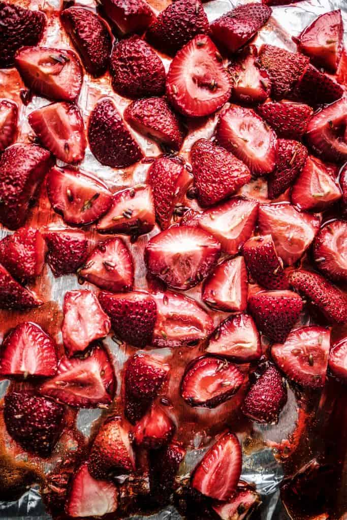 roasted strawberries on a sheet pan 