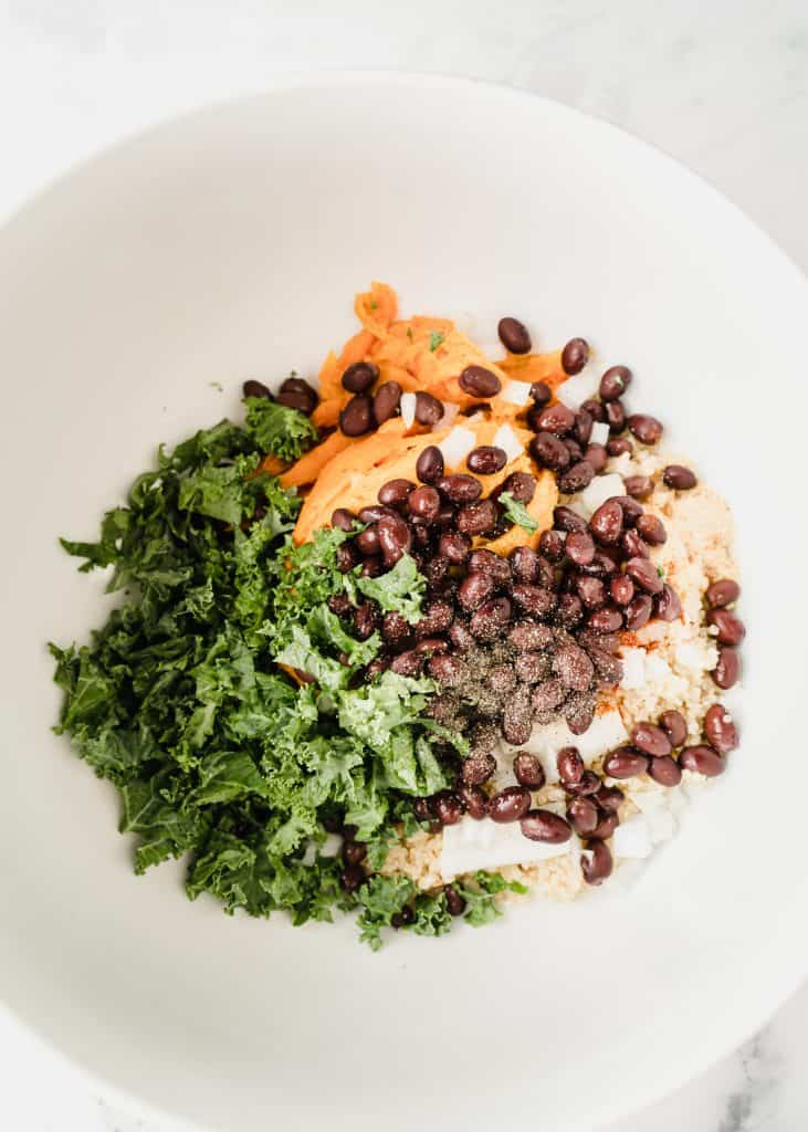 sweet potato black bean burger raw ingredients in bowl 