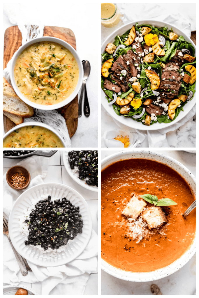 collage of broccoli cheddar soup, peach and steak salad; feijoada and tomato soup