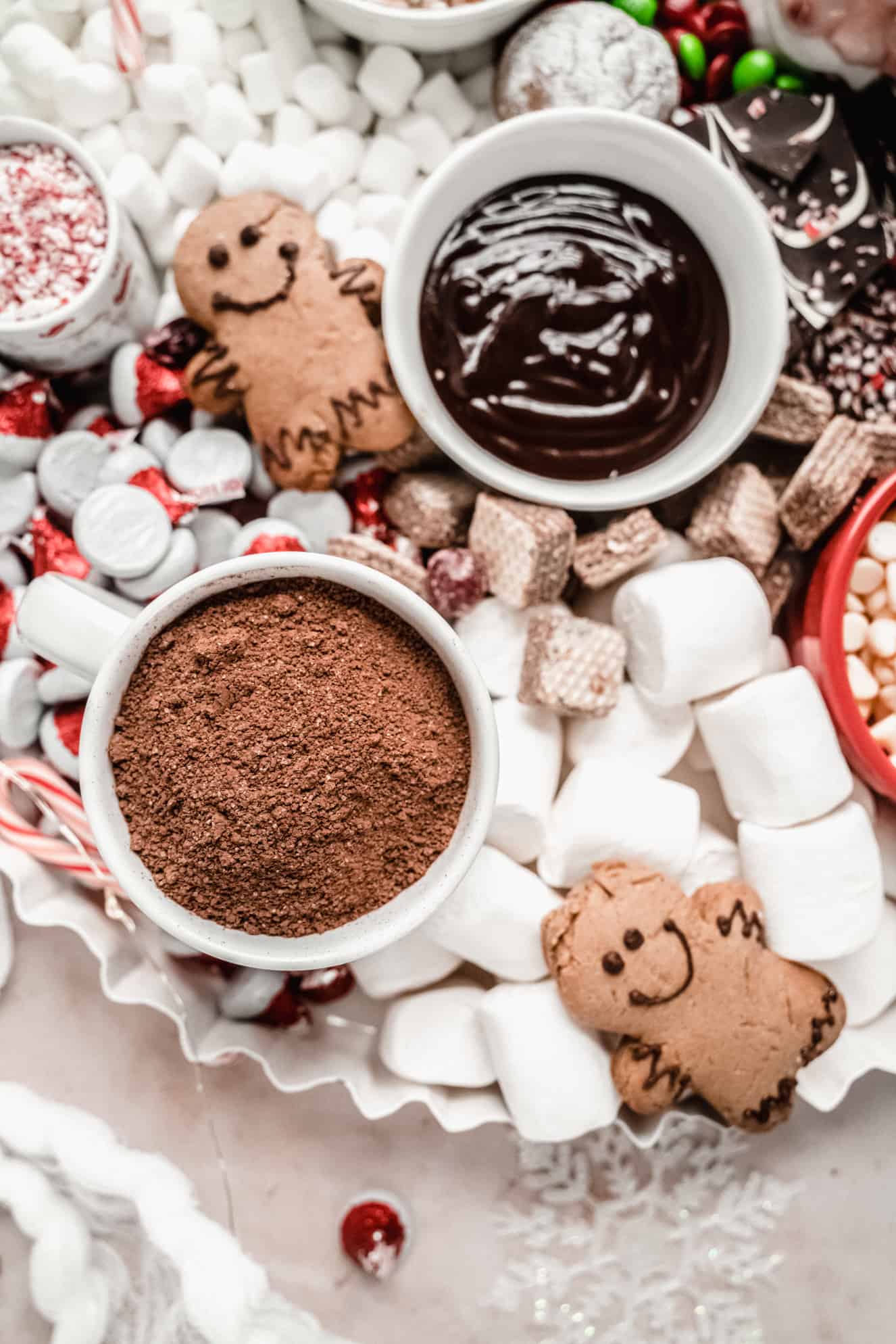 close up of hot cocoa mix, chocolate sauce, white marshamallows on hot chocolate charcuterie board