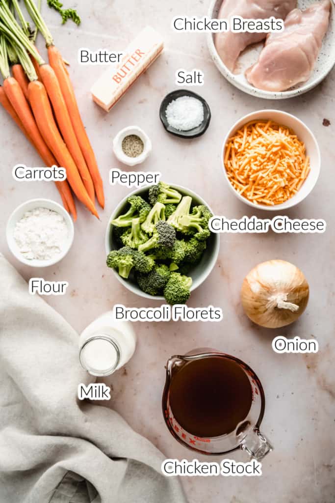 Ingredients for chicken broccoli cheddar soup