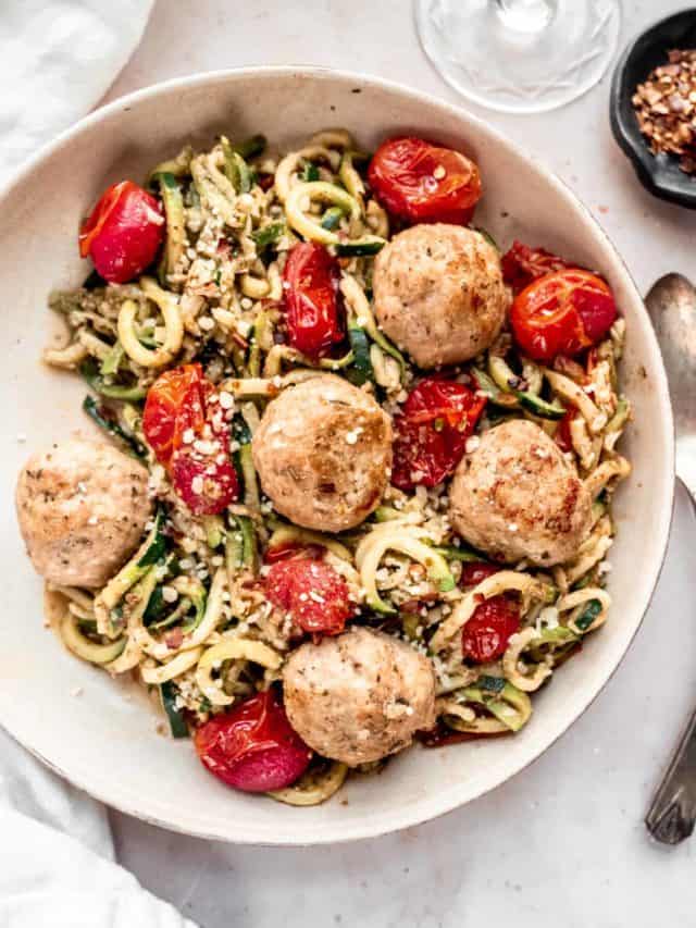 How To Make Pesto Zucchini Noodles with Baked Meatballs