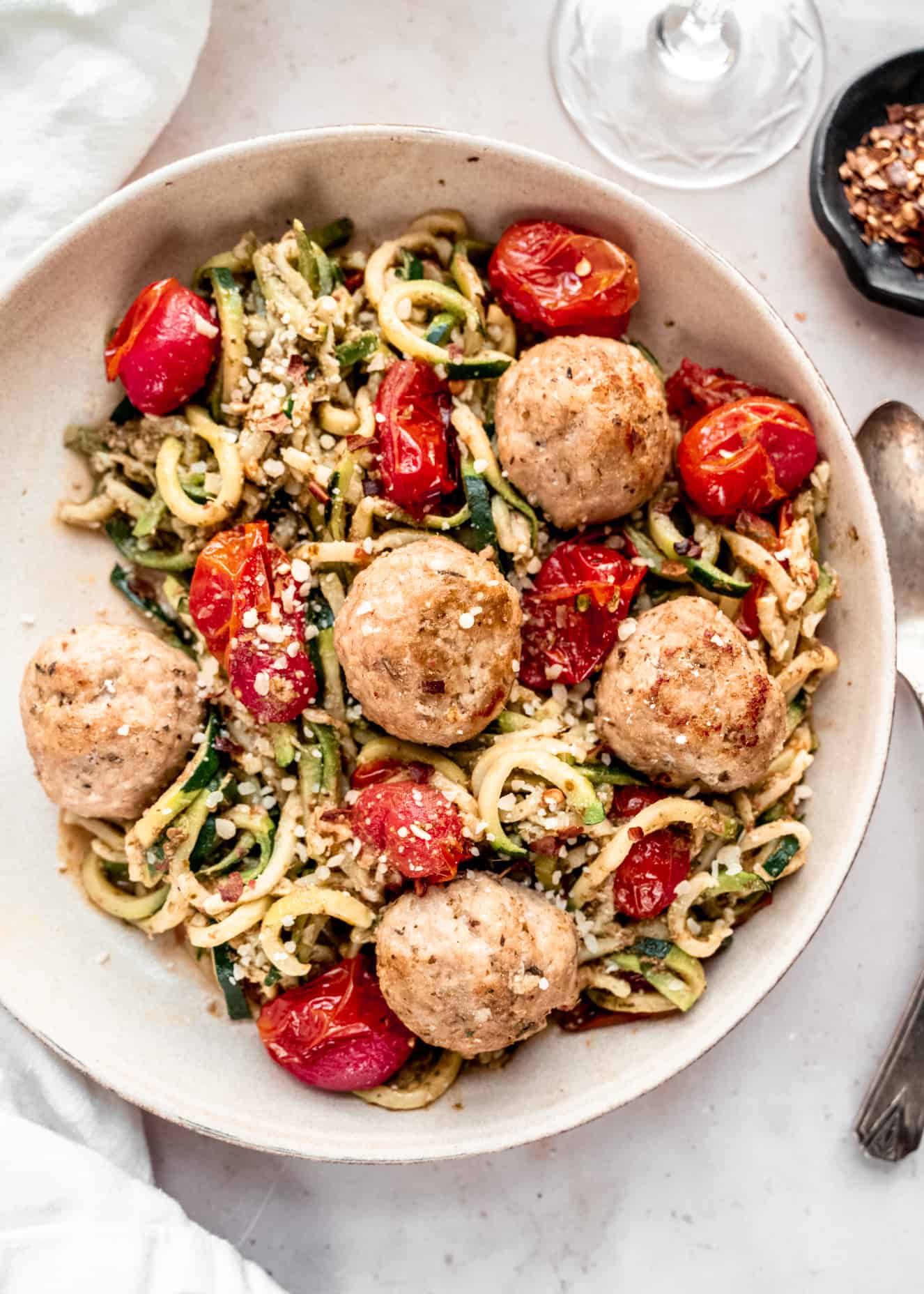 Pesto Zucchini Noodles with Baked Meatballs - The Windy City Dinner Fairy