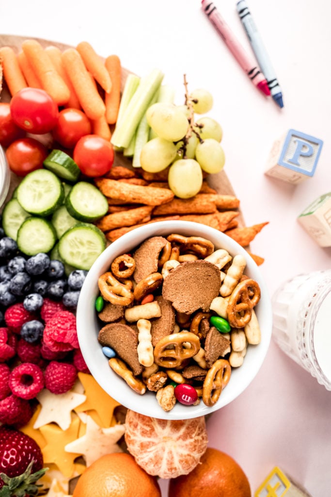 Close up of trail mix on kids charcuterie board 