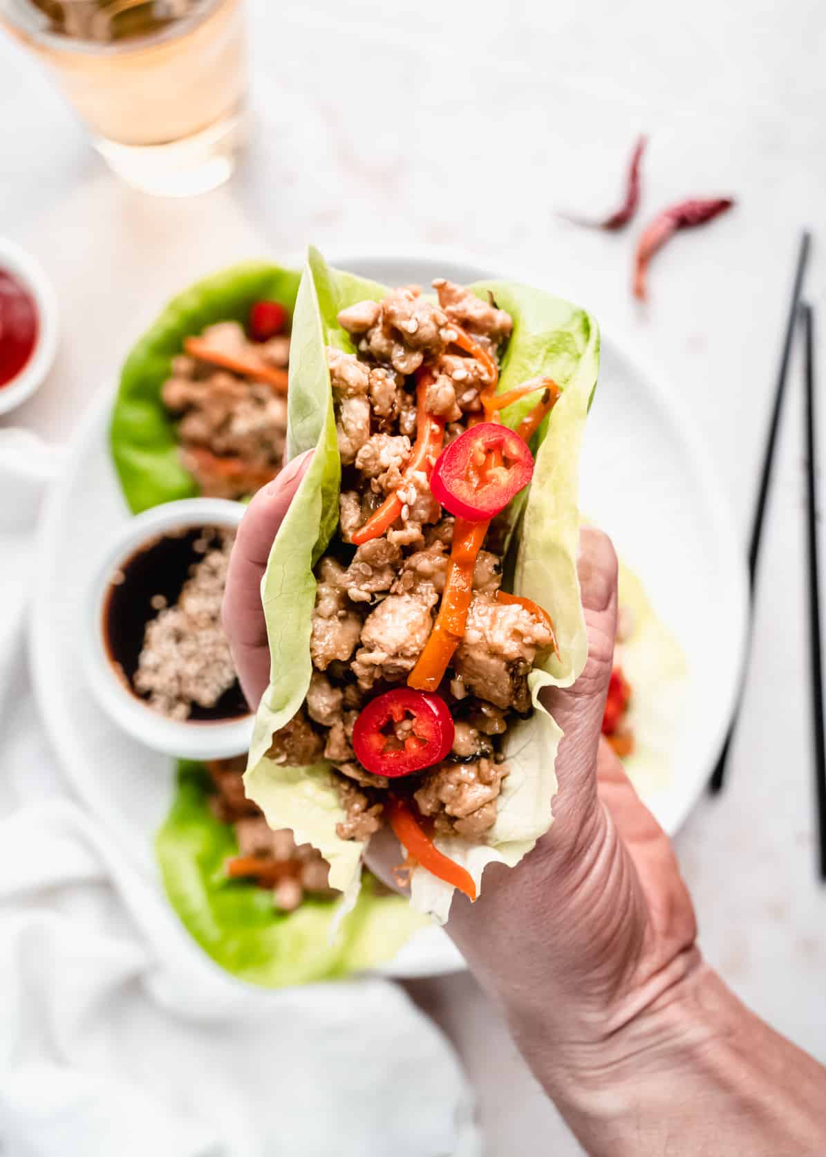 hand holding copycat pf changs lettuce wraps