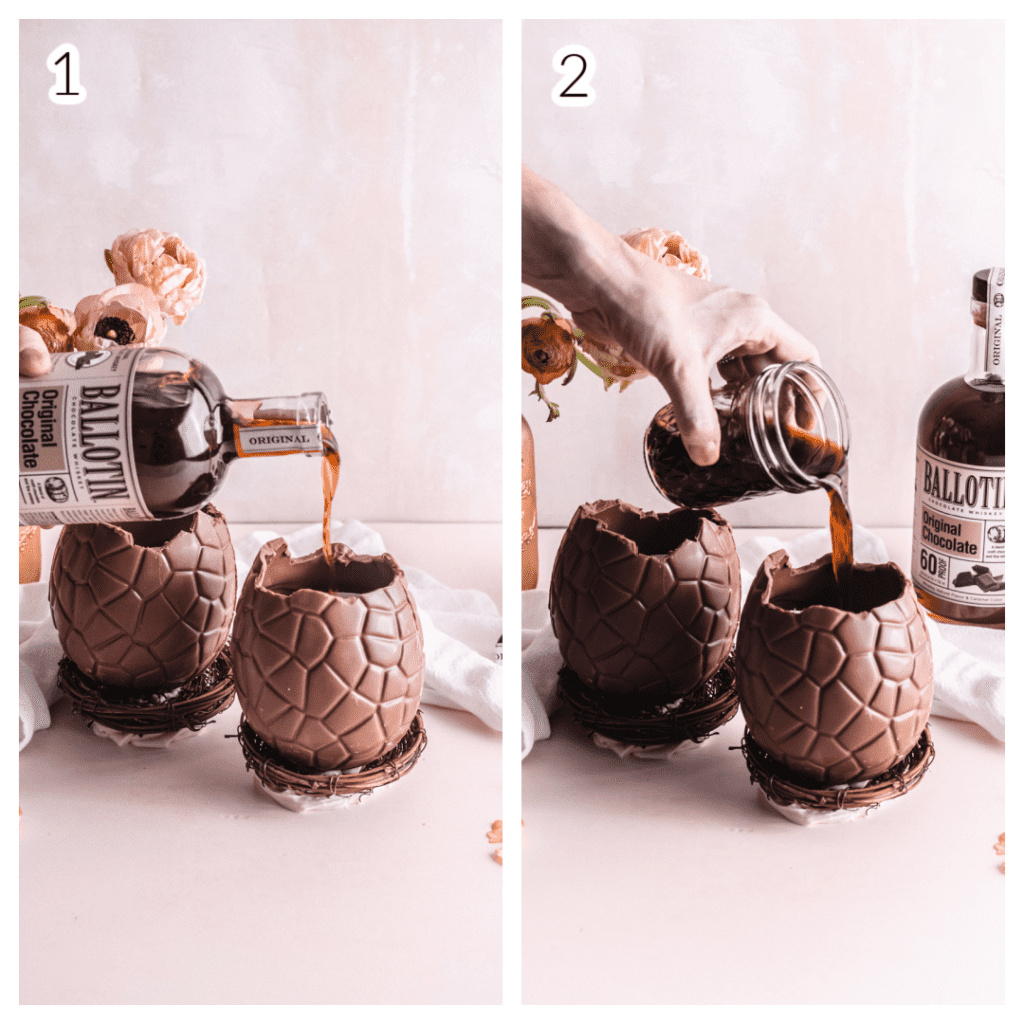 Step by step shots of pouring whiskey and cold brew into chocolate egg