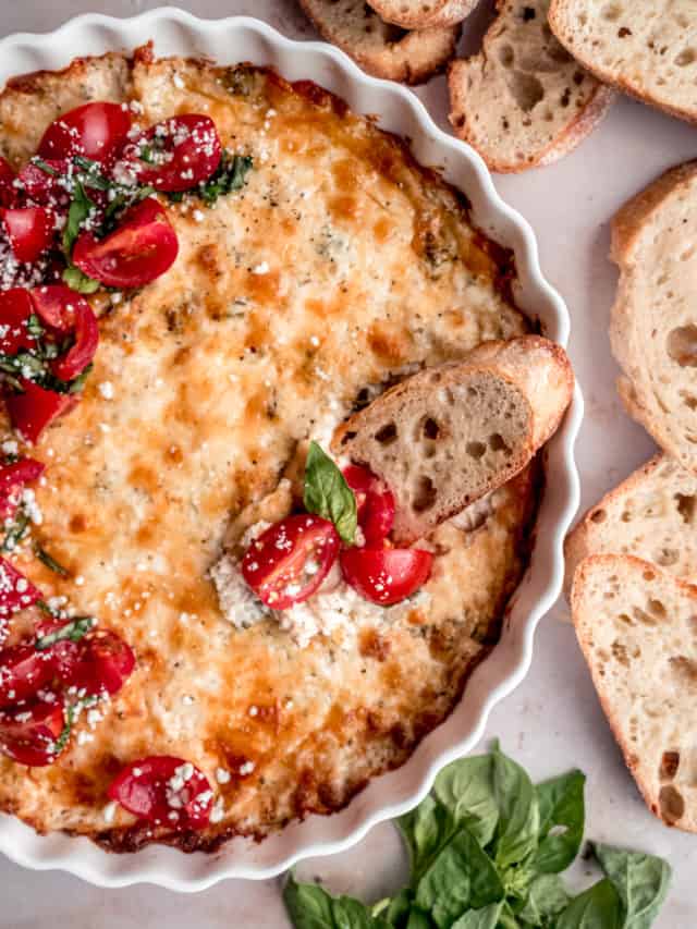 chicken alfredo dip with toasted slices of baguette and bruschetta tomatoes on top