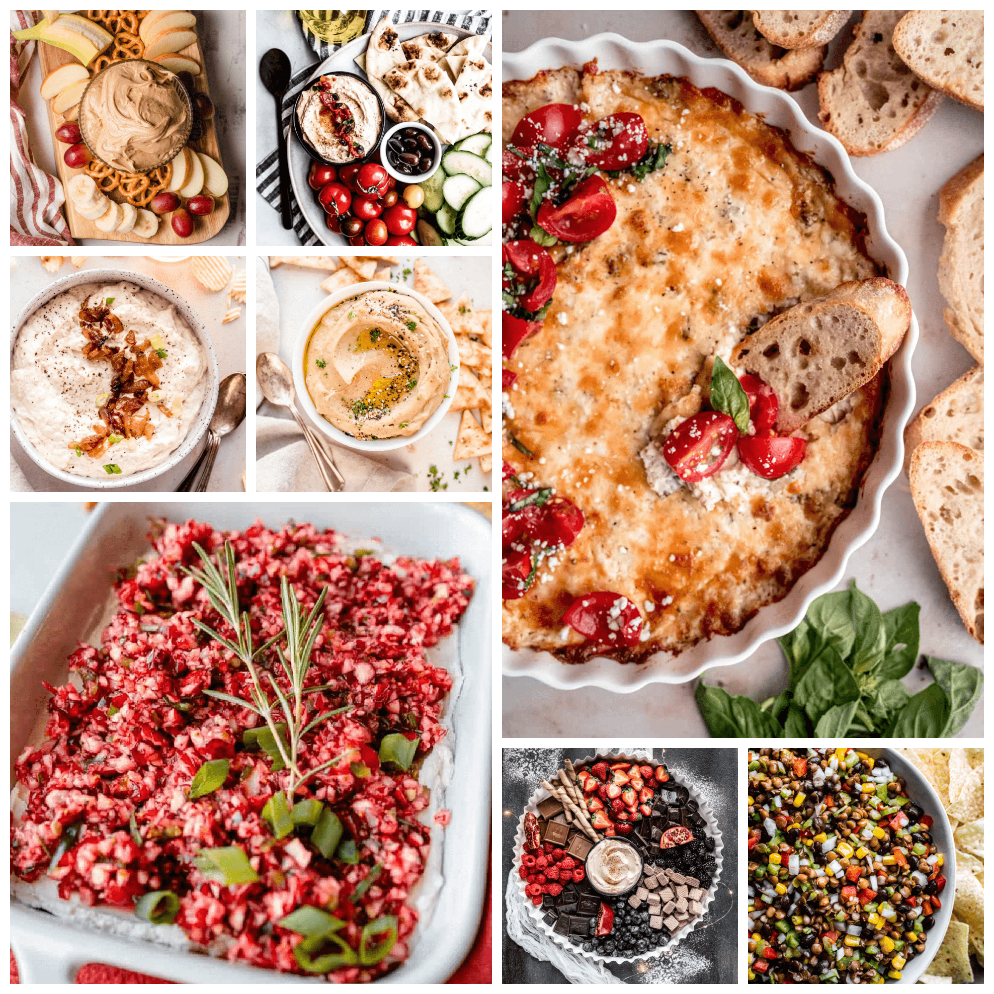 roundup image of dip appetizers including cowboy a-caviar, cranberry dip and caramelized onion dip