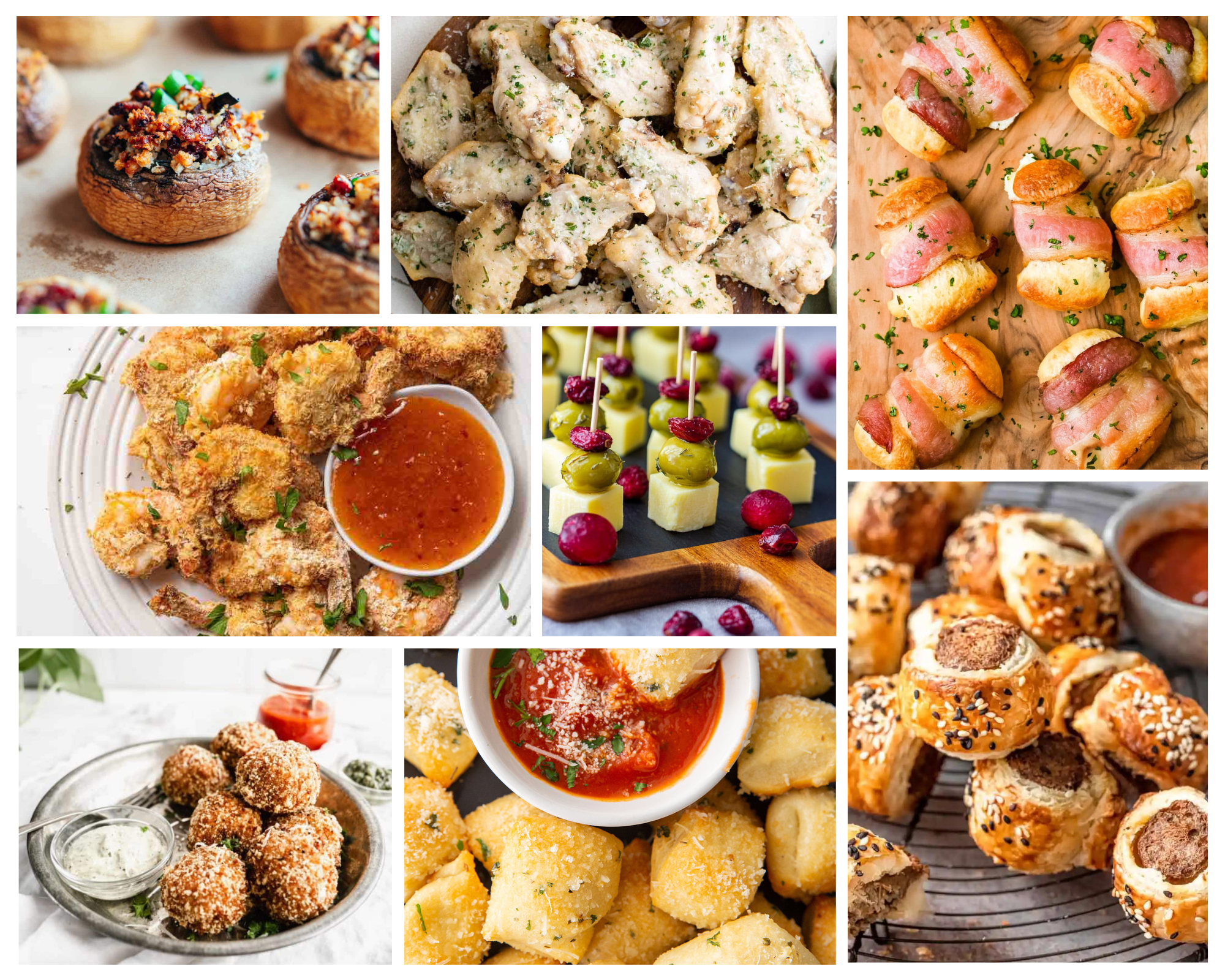 roundup image of bite sized snack appetizers including stuffed mushrooms, chicken wings and fried shrimp
