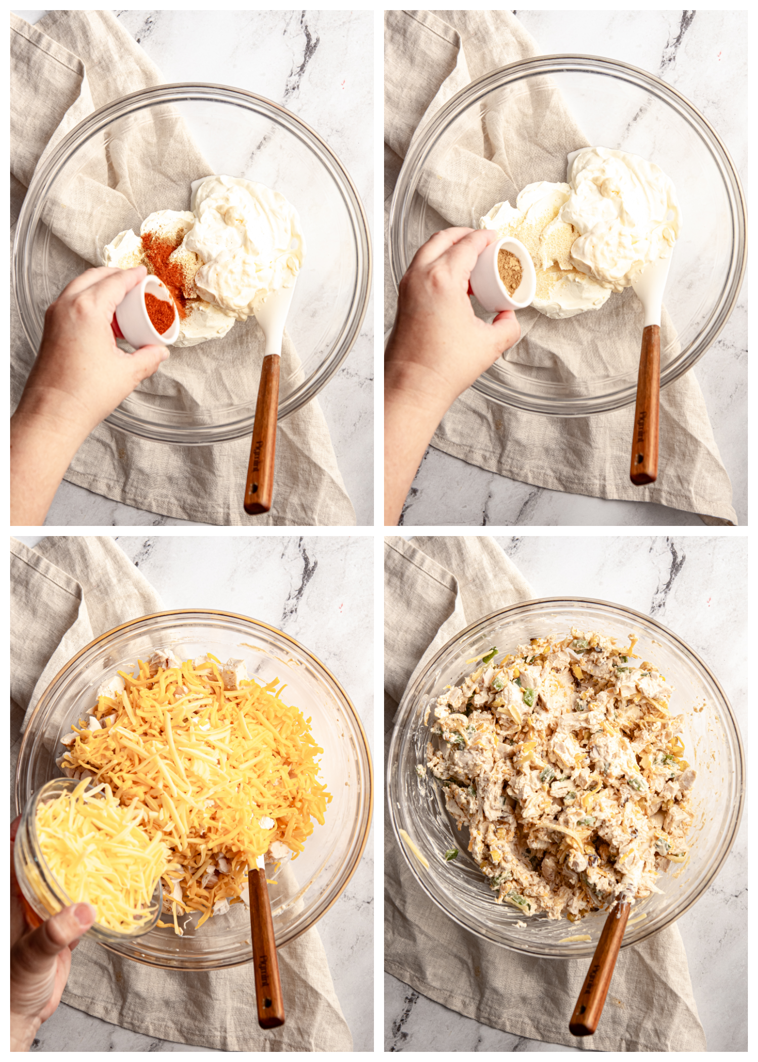 Step-by-step collage showing the preparation of jalapeño chicken popper dip: cream cheese, sour cream, and mayonnaise are mixed with spices; shredded cheddar and smoked gouda cheeses are added; and the final mixture with chicken and jalapeños is fully combined in a glass mixing bowl.