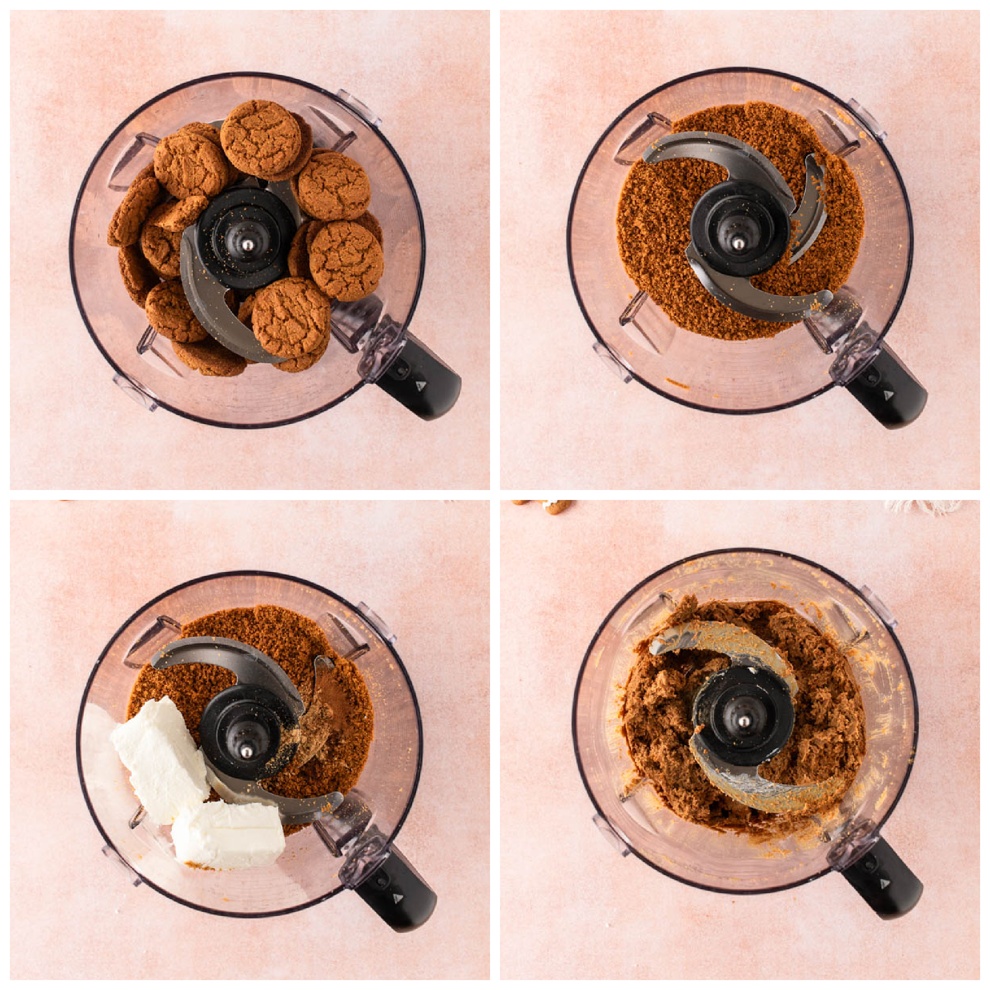 Step-by-step process of making gingerbread truffles shown in four panels: whole gingersnap cookies in a food processor, then crushed into fine crumbs, followed by the addition of cream cheese and spices, and finally blended into a smooth, dough-like gingerbread mixture ready to be rolled into truffles.
