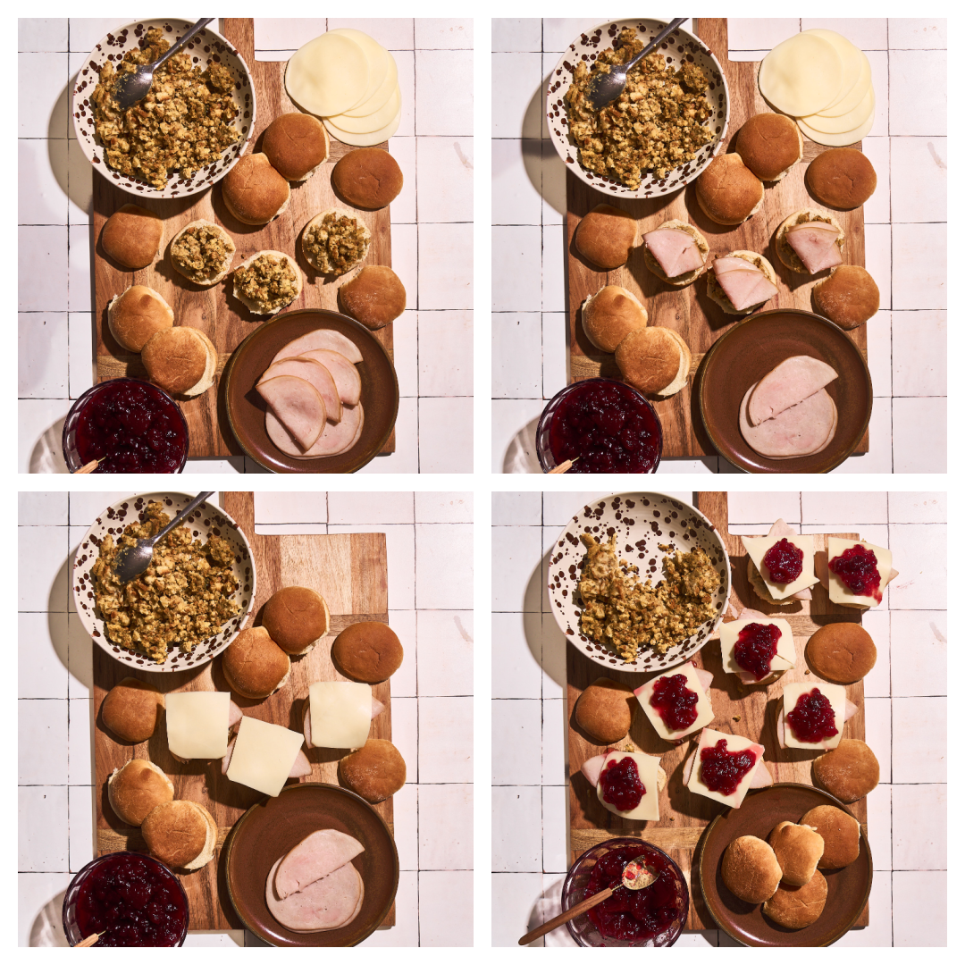 Four-step collage showing how to assemble Thanksgiving leftover turkey sliders: first, stuffing is spooned onto the bottom halves of slider rolls; next, slices of leftover turkey are layered on top; then provolone cheese slices are added; and finally, each slider is topped with spoonfuls of whole berry cranberry sauce before placing on the top buns.