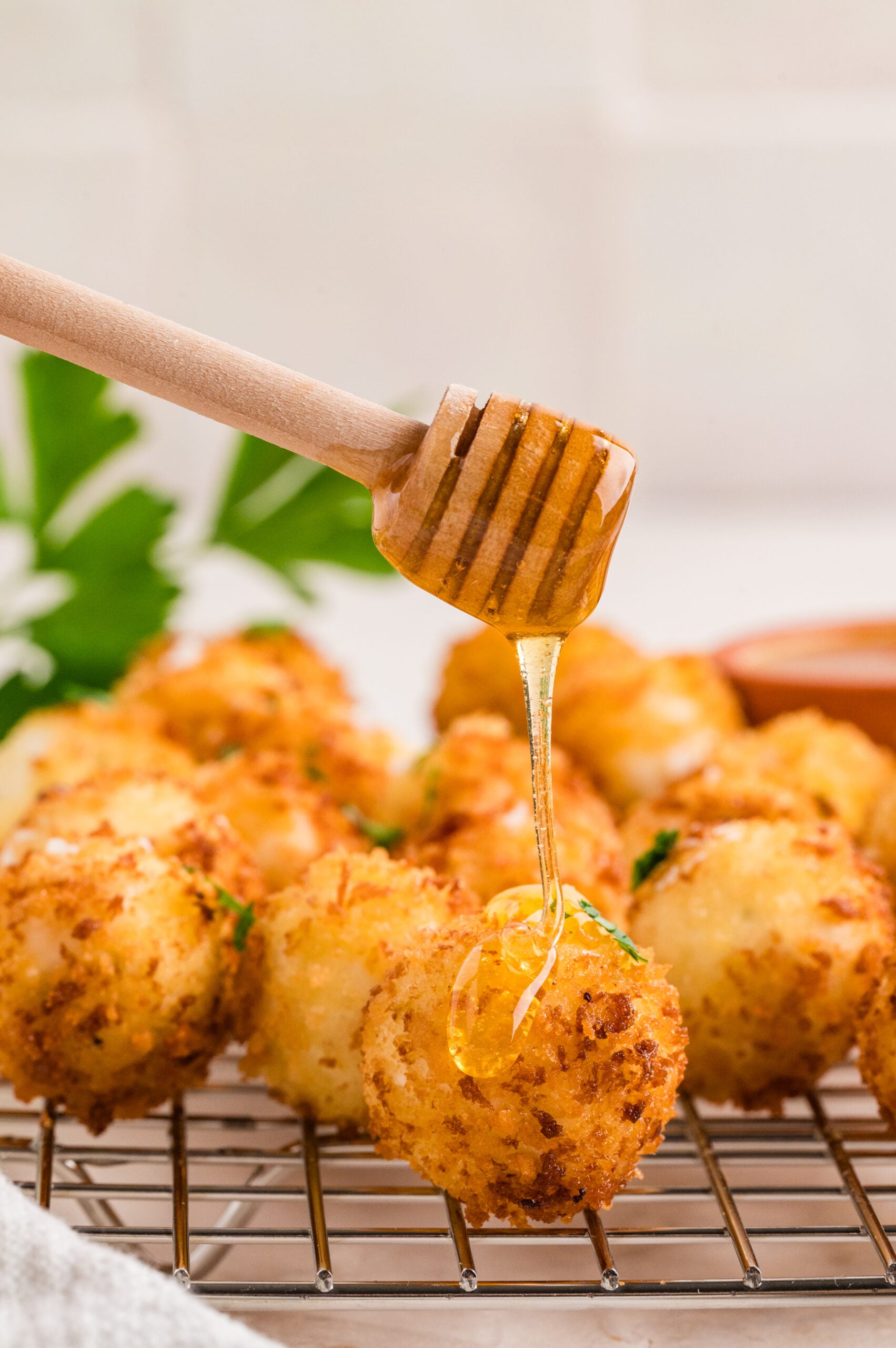 Close-up of crispy golden fried goat cheese balls resting on a cooling rack while a honey dipper drizzles warm honey over the top, highlighting the crunchy panko coating and fresh parsley garnish in a bright, appetizing scene.