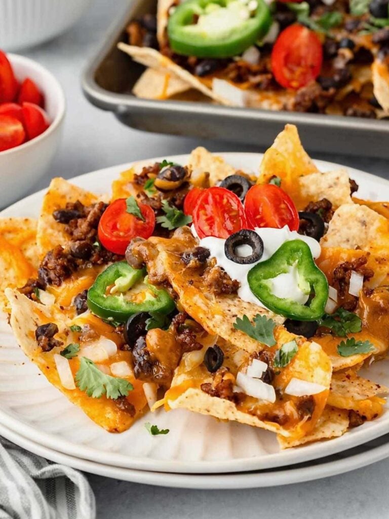 loaded nachos on a white plate